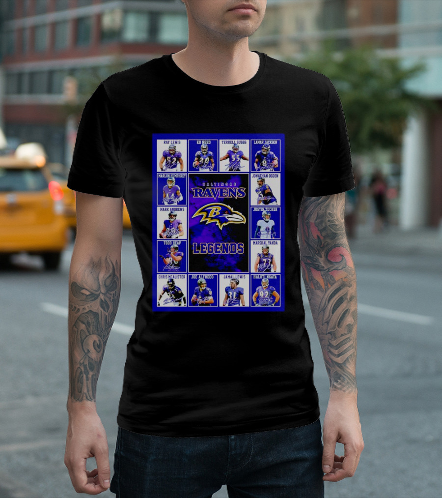 Baltimore Ravens Legends Ray Lewis Ed Reed Lamar Jackson Signature Collection T-Shirt