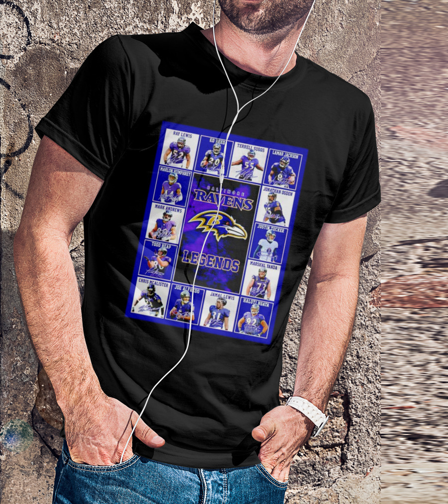 Baltimore Ravens Legends Ray Lewis Ed Reed Lamar Jackson Signature Collection T-Shirt