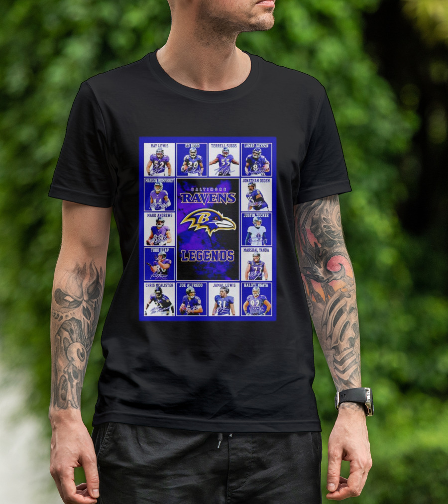 Baltimore Ravens Legends Ray Lewis Ed Reed Lamar Jackson Signature Collection T-Shirt