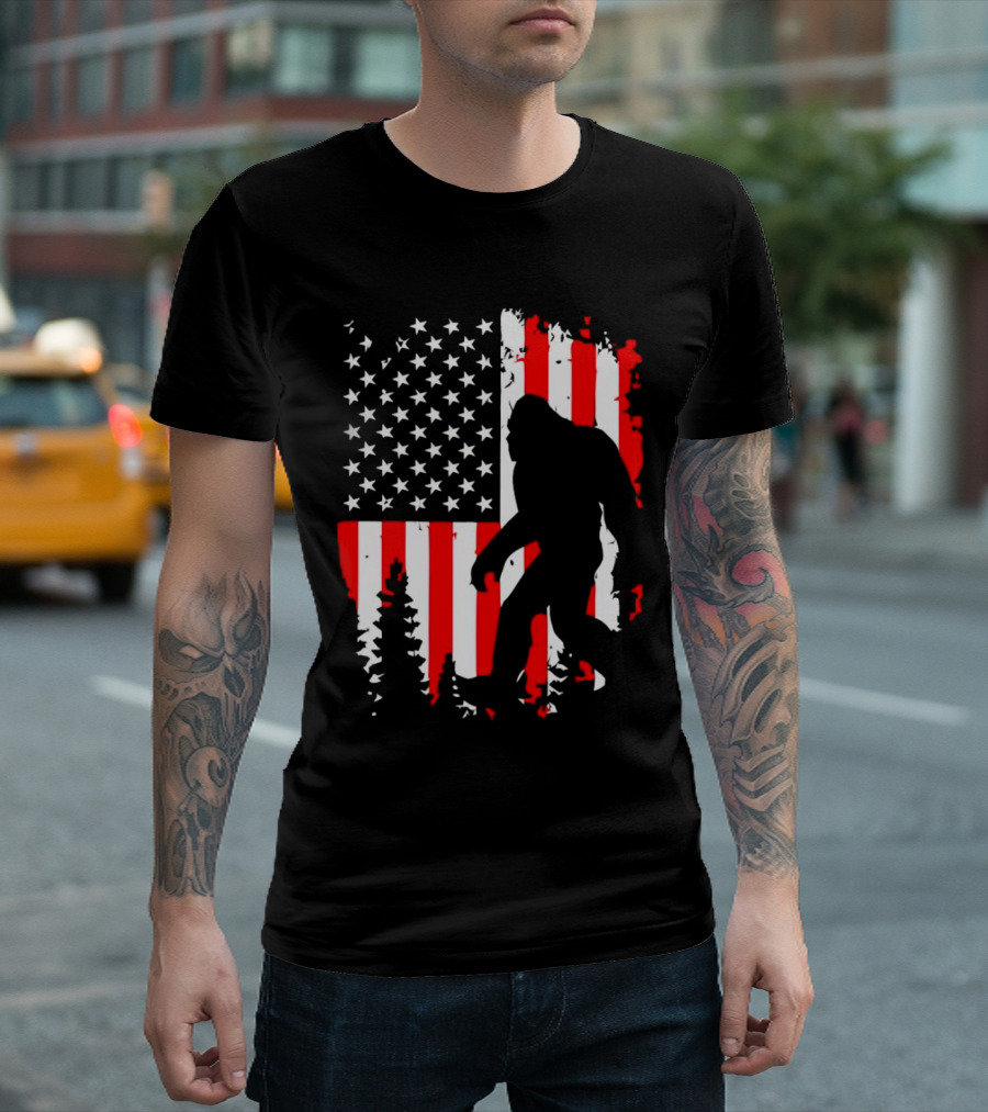 Bigfoot Silhouette With American Flag Background T-Shirt