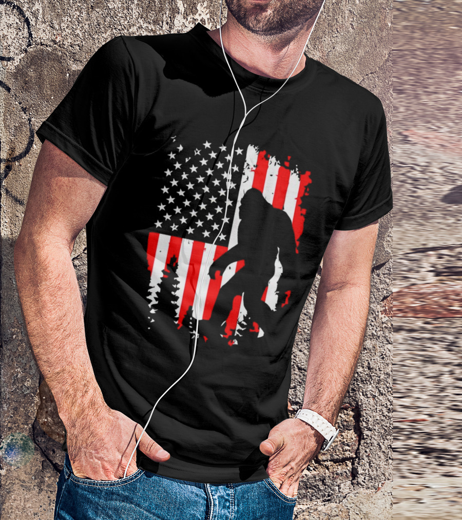 Bigfoot Silhouette With American Flag Background T-Shirt