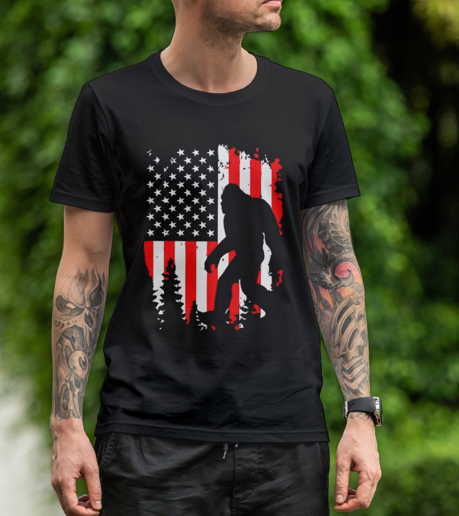 Bigfoot Silhouette With American Flag Background T-Shirt