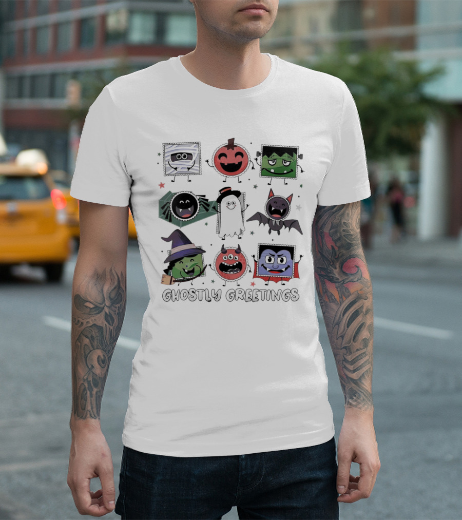 Ghostly Greetings with Halloween Monster Faces and Characters T-Shirt