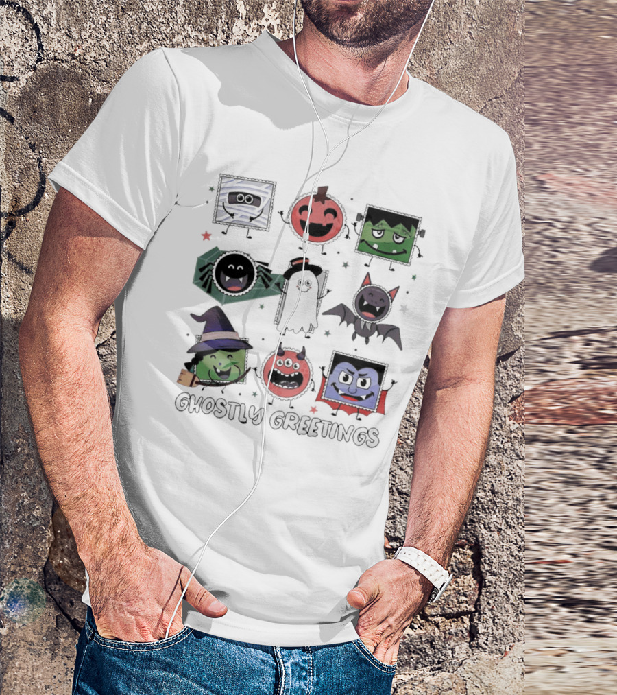 Ghostly Greetings With Halloween Monster Faces And Characters T-Shirt