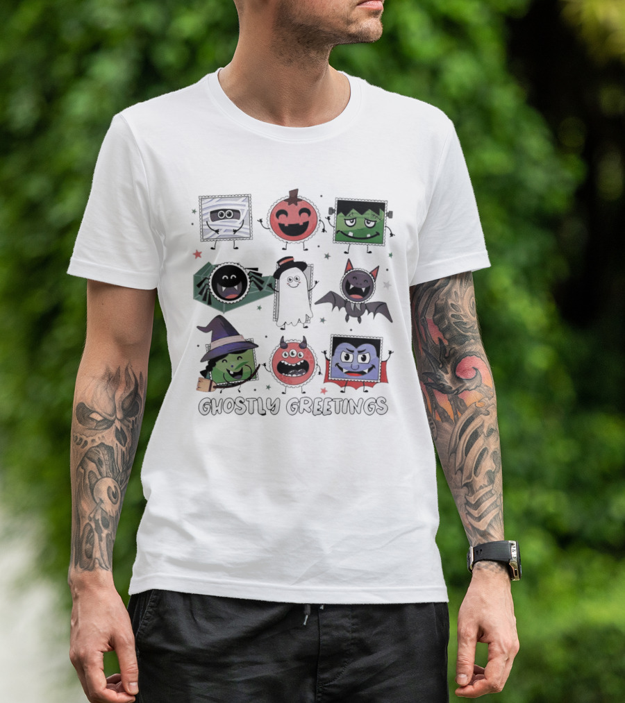 Ghostly Greetings With Halloween Monster Faces And Characters T-Shirt