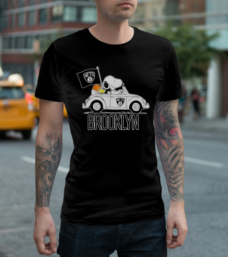 Brooklyn Nets Snoopy Driving Car With Basketball And Flag T-Shirt