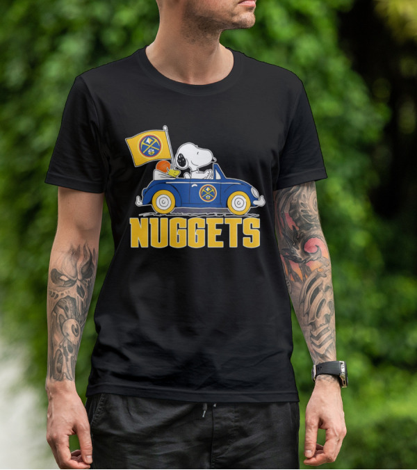 Denver Nuggets Snoopy Driving Car With Basketball Flag T-Shirt