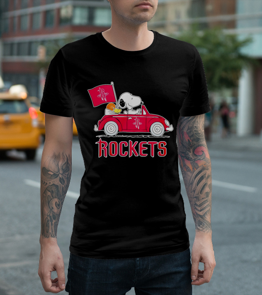 Rockets Snoopy Driving Red Car with Basketball Flag T-Shirt