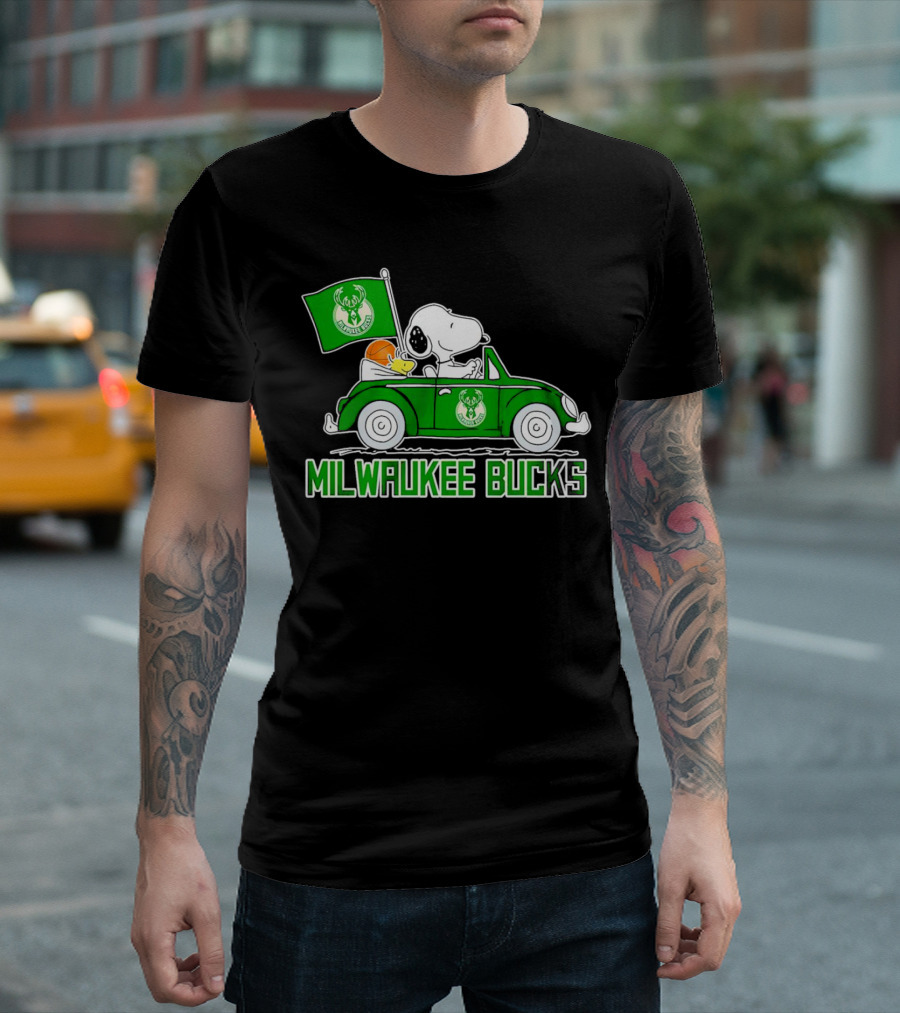 Milwaukee Bucks Snoopy Driving Car With Basketball And Team Flag T-Shirt