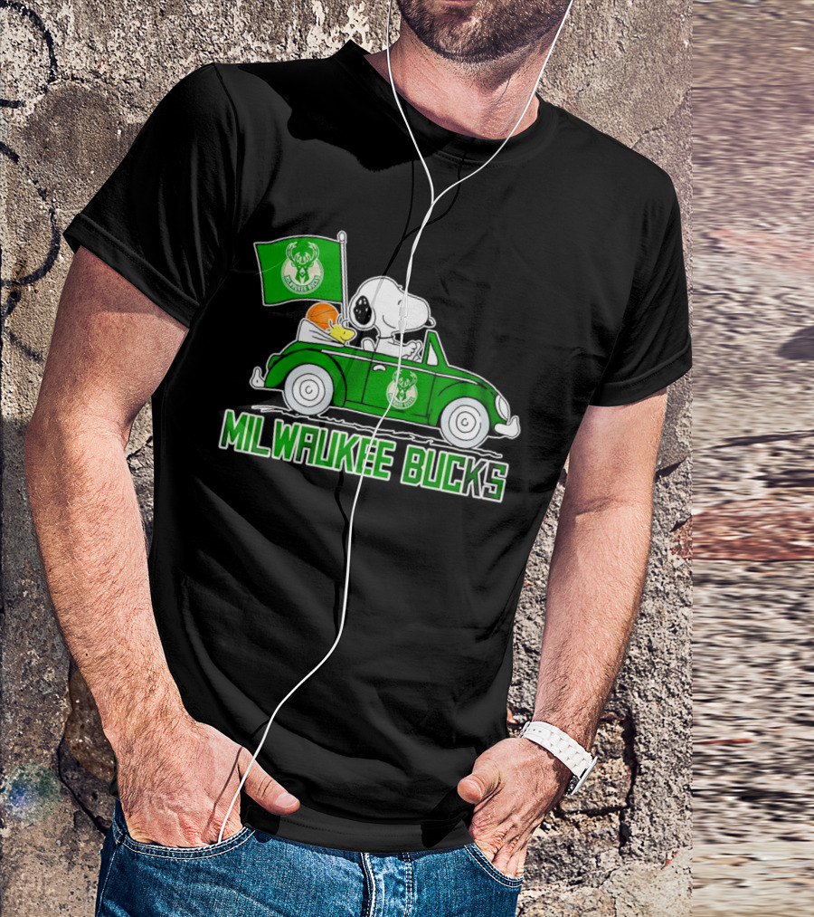 Milwaukee Bucks Snoopy Driving Car With Basketball And Team Flag T-Shirt