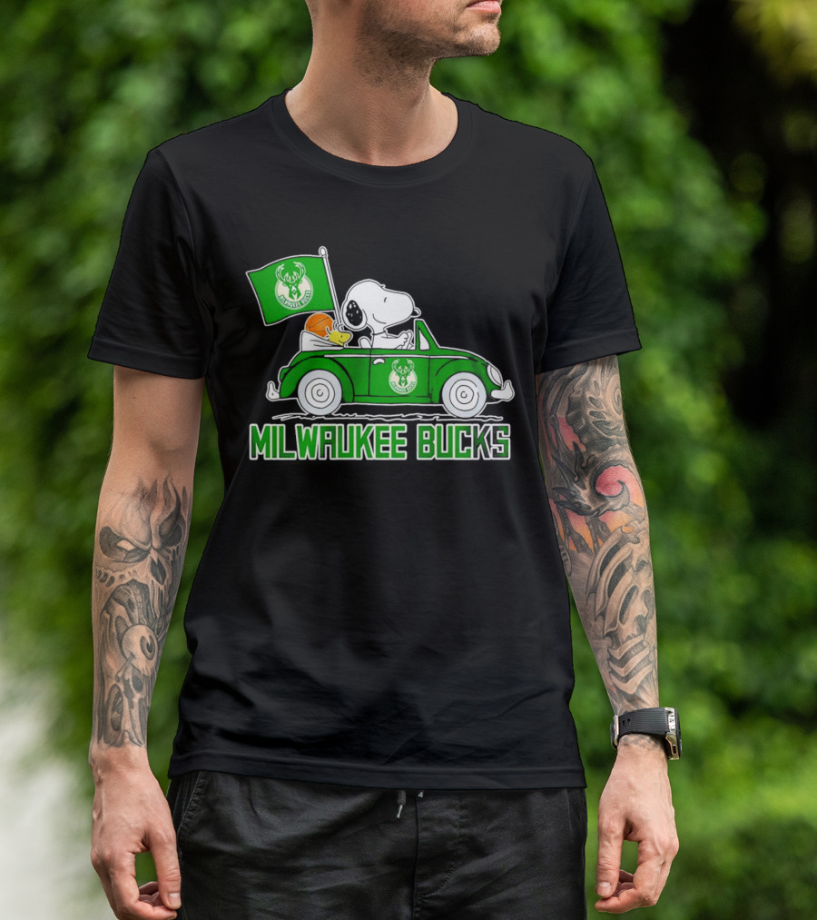 Milwaukee Bucks Snoopy Driving Car With Basketball And Team Flag T-Shirt