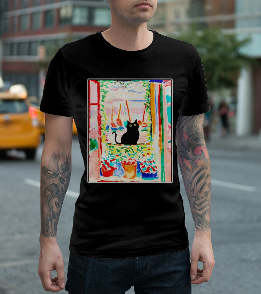 Black Cat In Vibrant Open Window Scene With Colorful T-Shirt