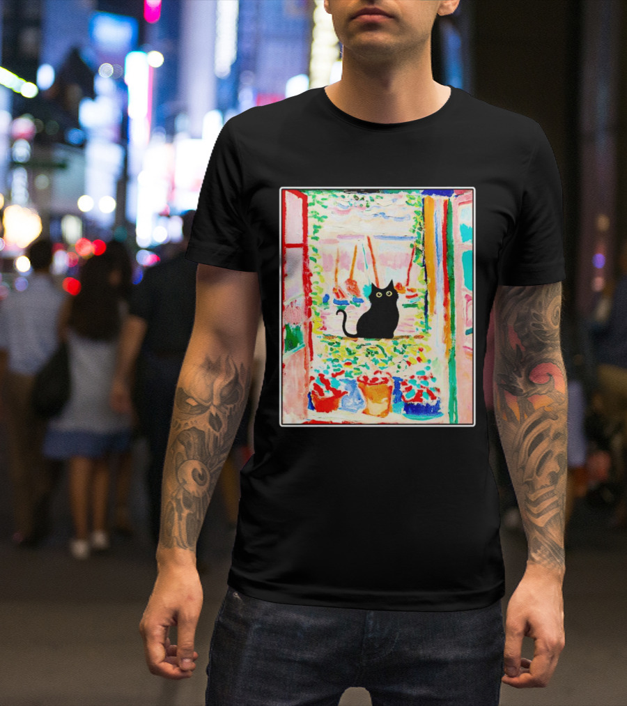 Black Cat In Vibrant Open Window Scene With Colorful T-Shirt