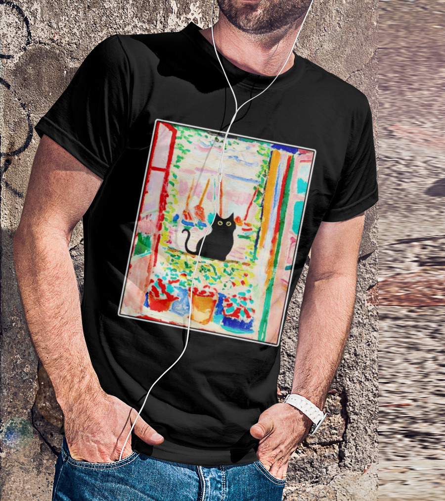 Black Cat In Vibrant Open Window Scene With Colorful T-Shirt