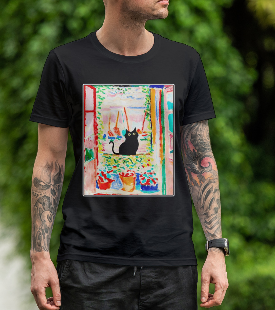 Black Cat In Vibrant Open Window Scene With Colorful T-Shirt