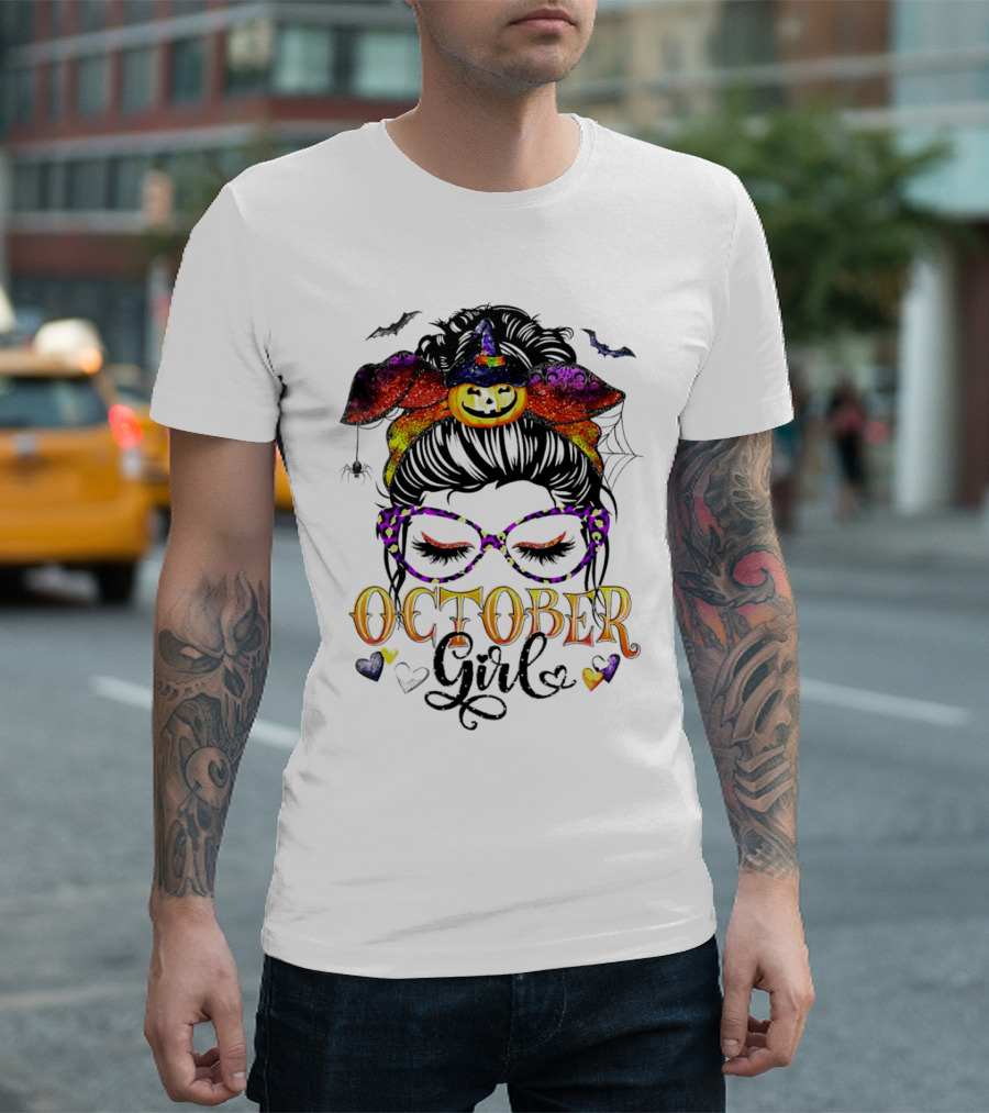 Messy Bun Pumpkin Witch Hat Spider Bats Glasses October Girl Halloween T-Shirt