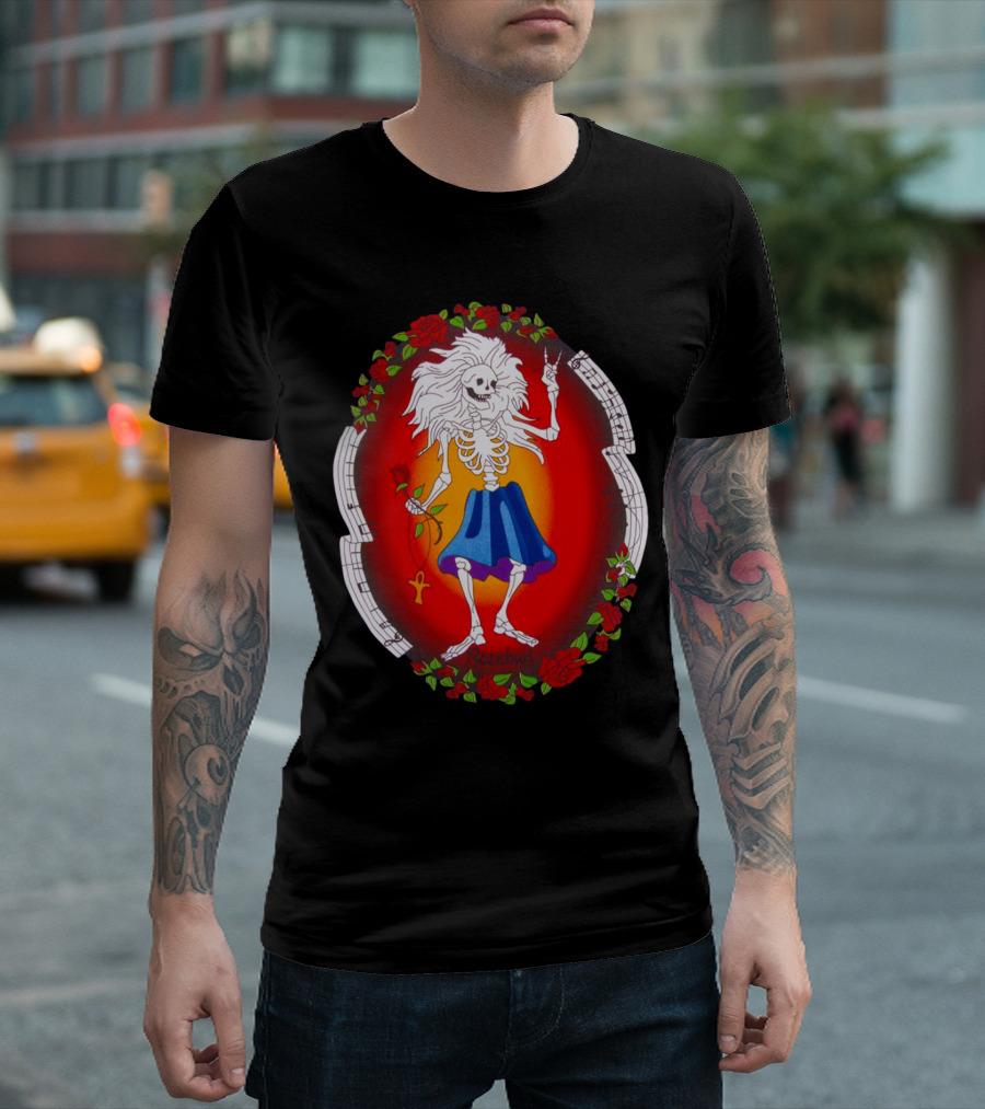 Skeleton Holding Rose with Ankh Surrounded by Roses Halloween Rosebud T-Shirt