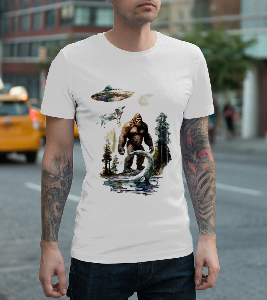UFO Bigfoot Sasquatch Loch Ness Monster Alien Forest Scene T-Shirt