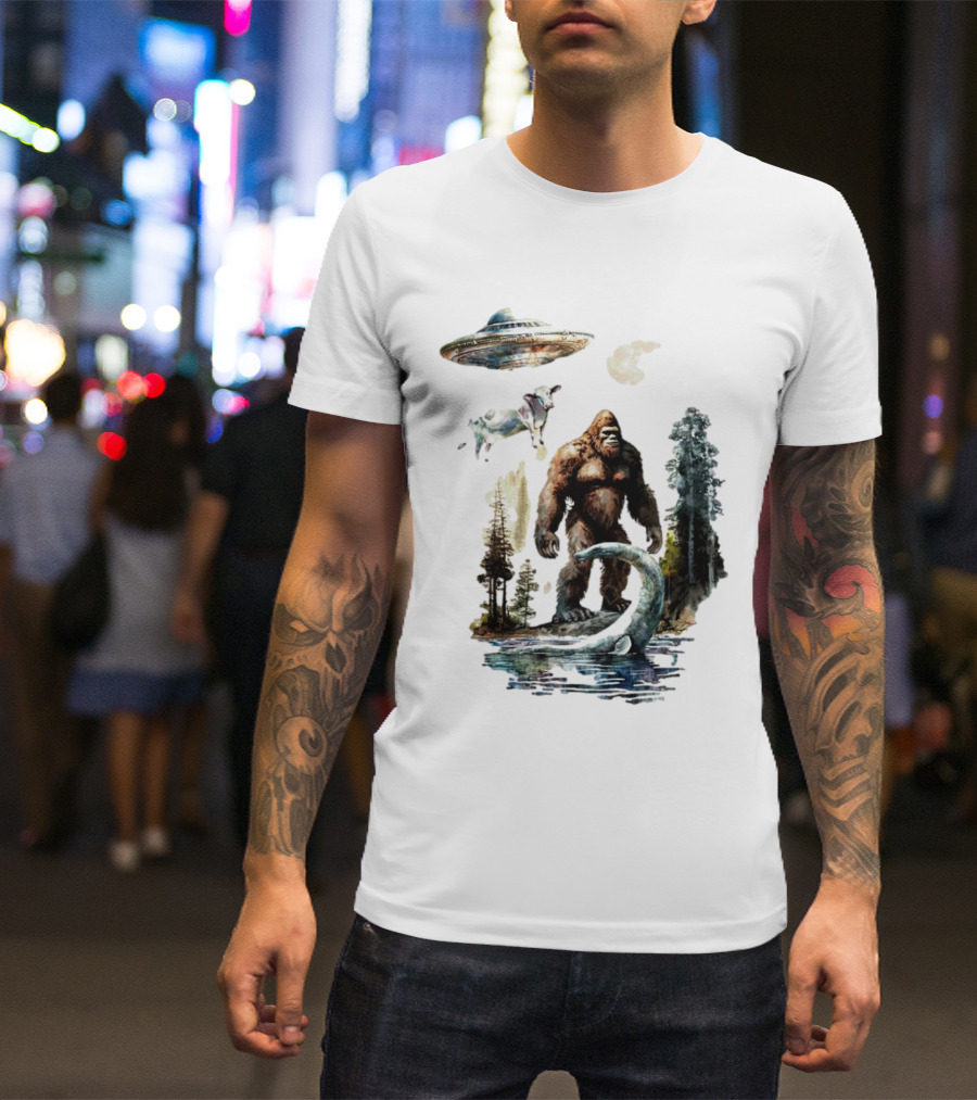 UFO Bigfoot Sasquatch Loch Ness Monster Alien Forest Scene T-Shirt