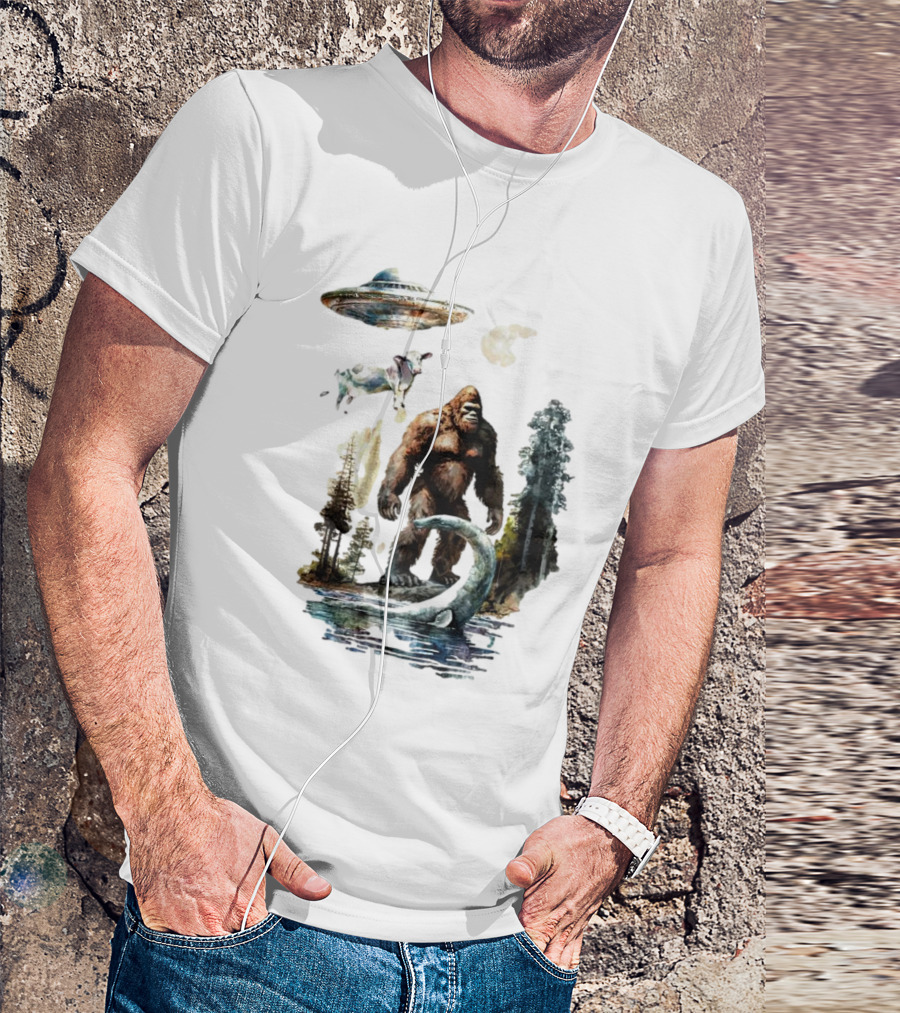 UFO Bigfoot Sasquatch Loch Ness Monster Alien Forest Scene T-Shirt