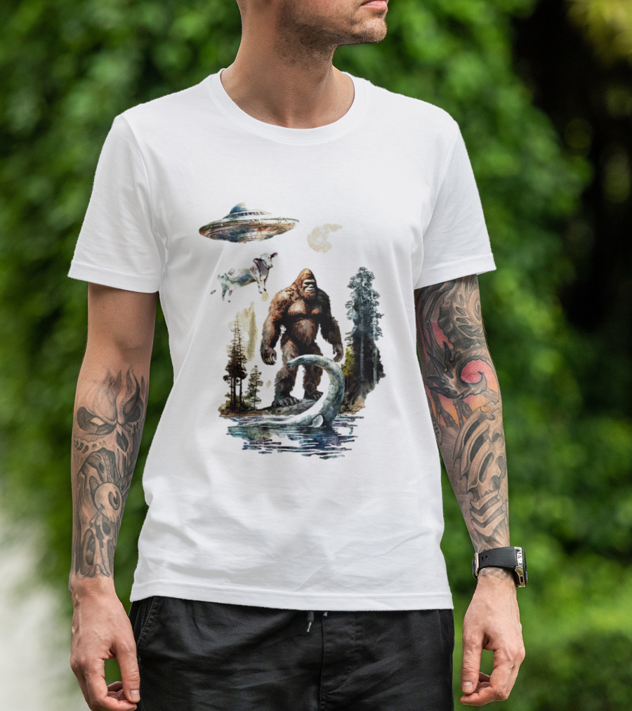 UFO Bigfoot Sasquatch Loch Ness Monster Alien Forest Scene T-Shirt