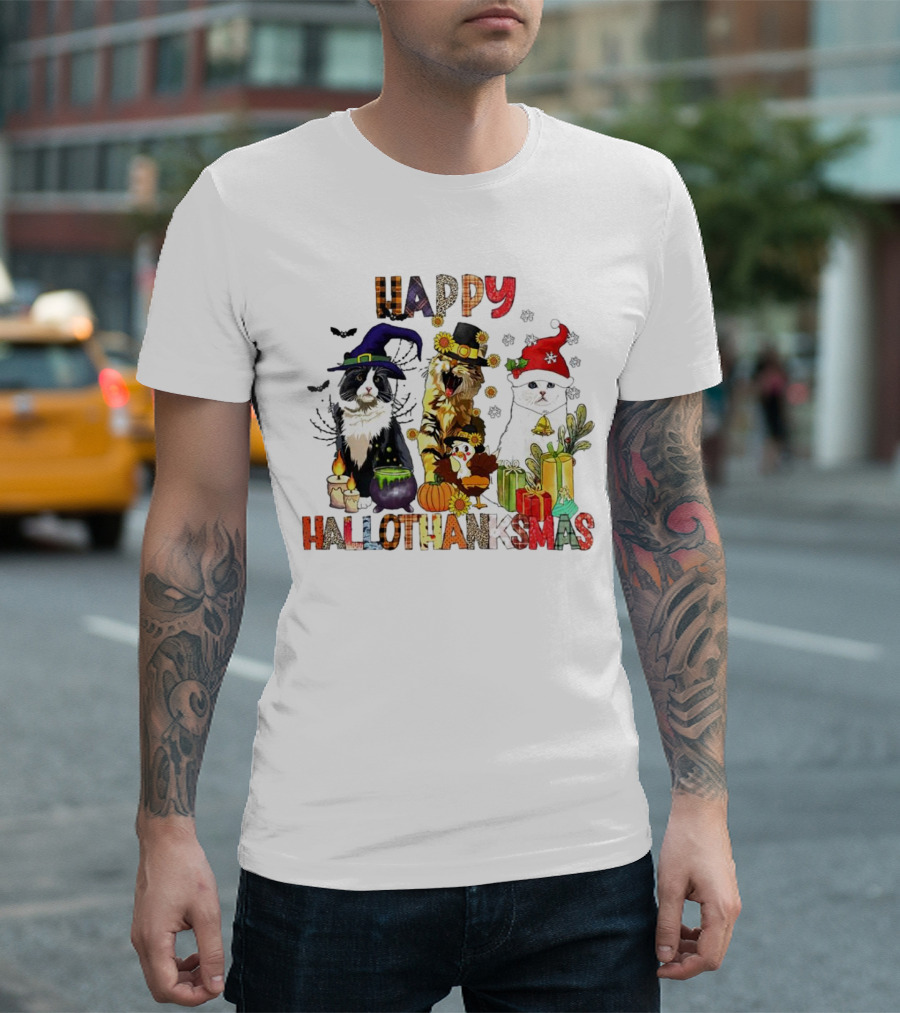 Happy Hallothanksmas Cats in Witch, Pilgrim, and Santa Hats with Pumpkins Presents and Cauldron T-Shirt