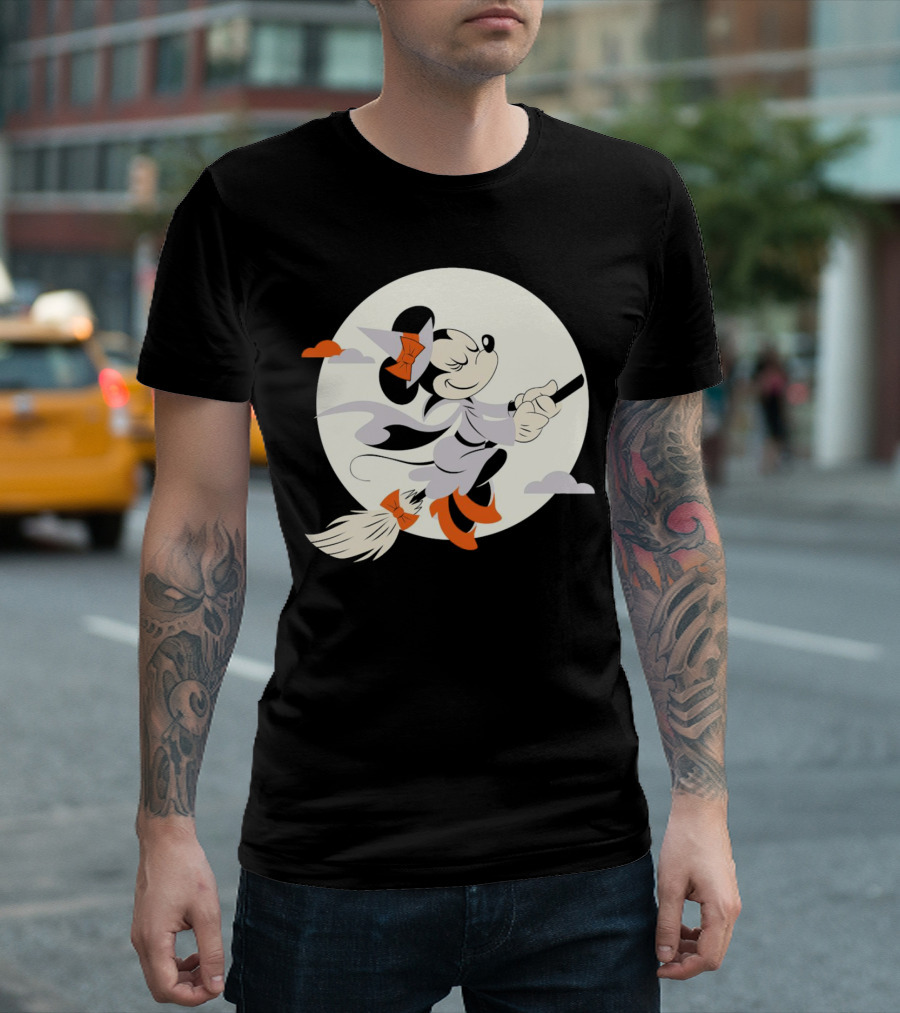 Minnie Mouse Witch Flying on Broomstick Halloween Full Moon T-Shirt