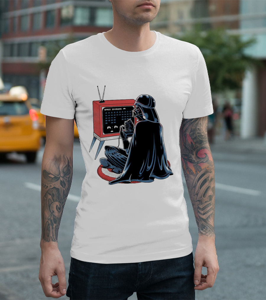 Nostalgic Darth Vader Playing Space Invaders on Retro TV T-Shirt