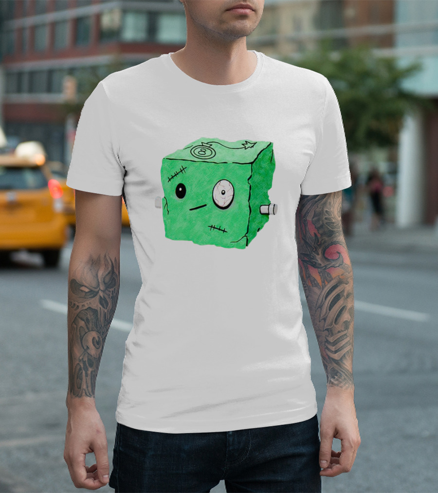 Franken Frankie Eight-Ball Cube Monster Stitched Green Block T-Shirt