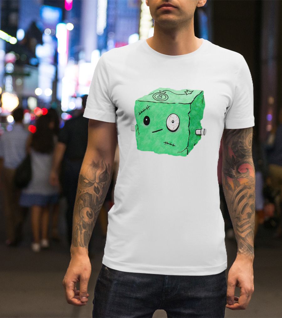 Franken Frankie Eight-Ball Cube Monster Stitched Green Block T-Shirt
