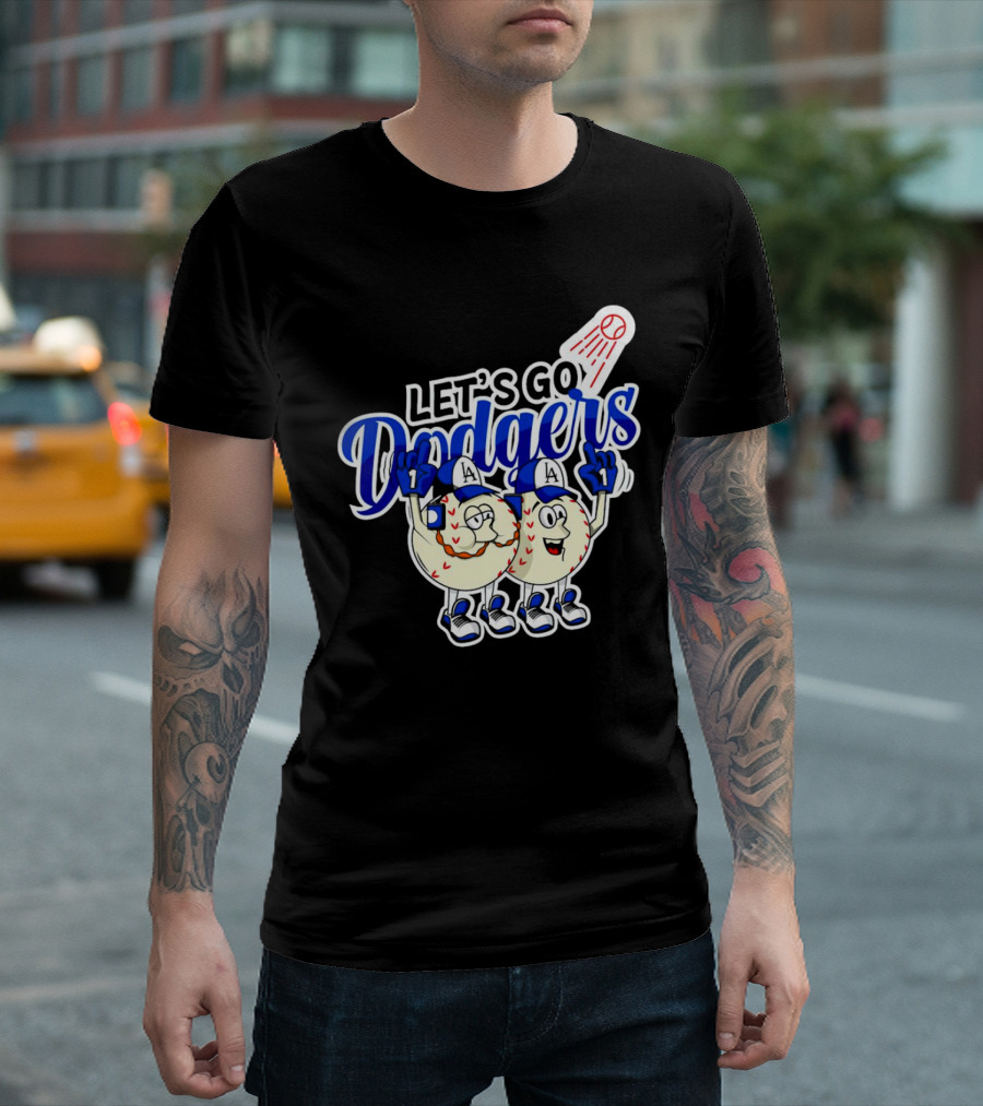 Let's Go Dodgers Baseball with Cartoon Baseballs and Iconic Spotlight T-Shirt
