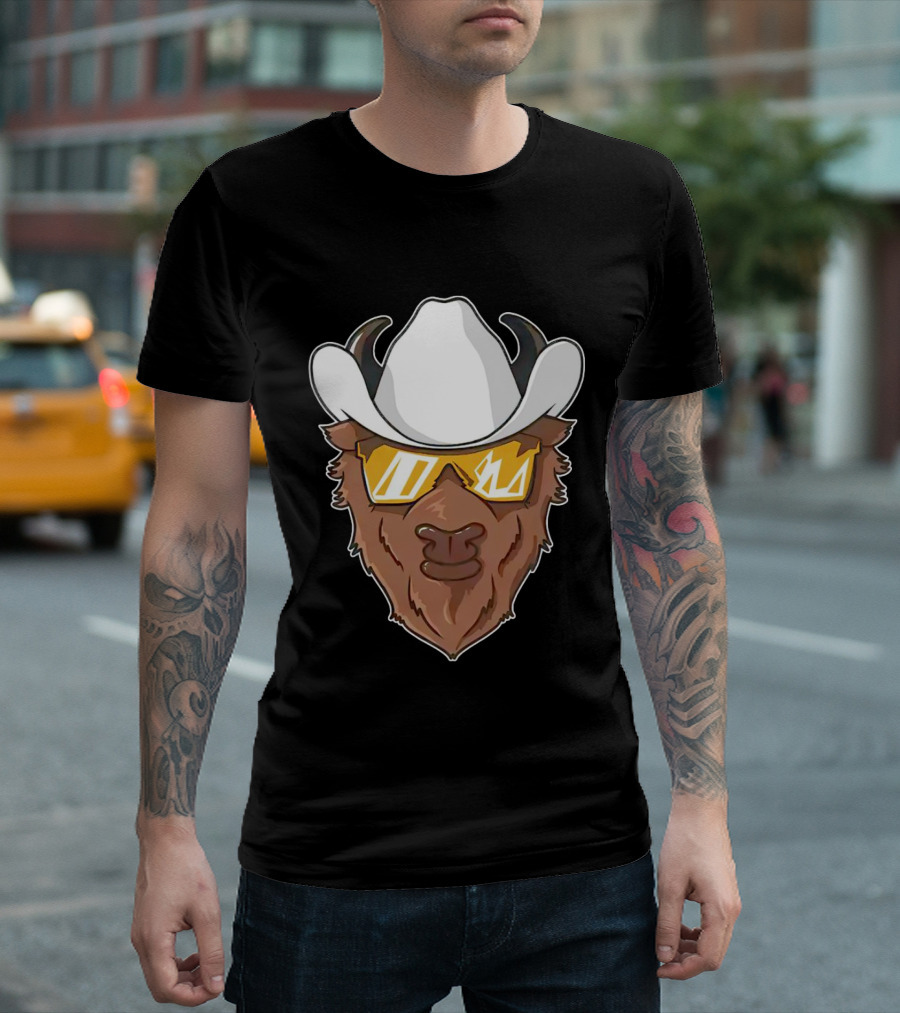 Cartoon Buffalo Wearing Cowboy Hats and Sunglasses T-Shirt