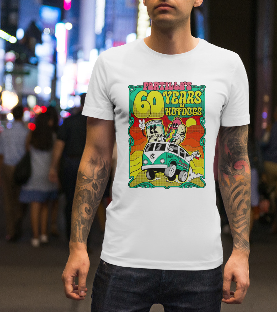 Portillo’s 60 Years Of Hotdogs Relish Relish Road Trip Cartoon Van Adventure T-Shirt