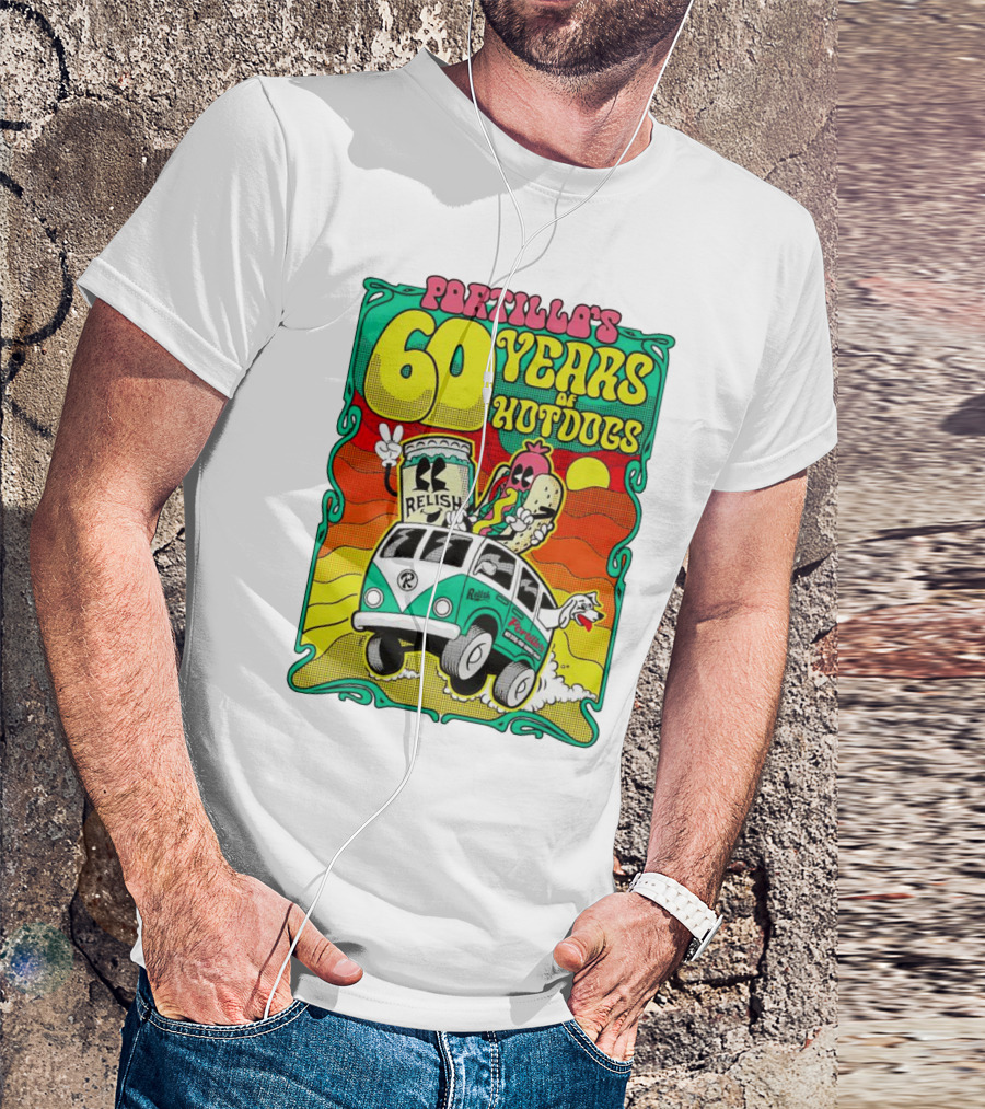 Portillo’s 60 Years Of Hotdogs Relish Relish Road Trip Cartoon Van Adventure T-Shirt