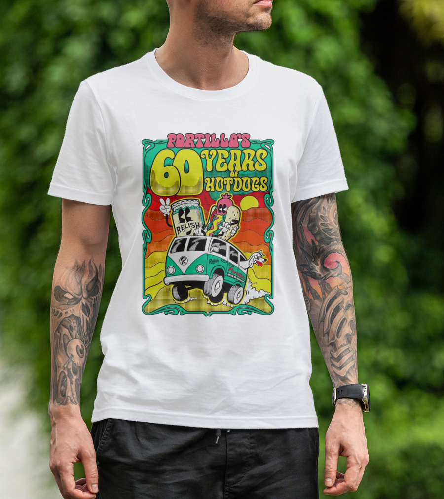 Portillo’s 60 Years Of Hotdogs Relish Relish Road Trip Cartoon Van Adventure T-Shirt