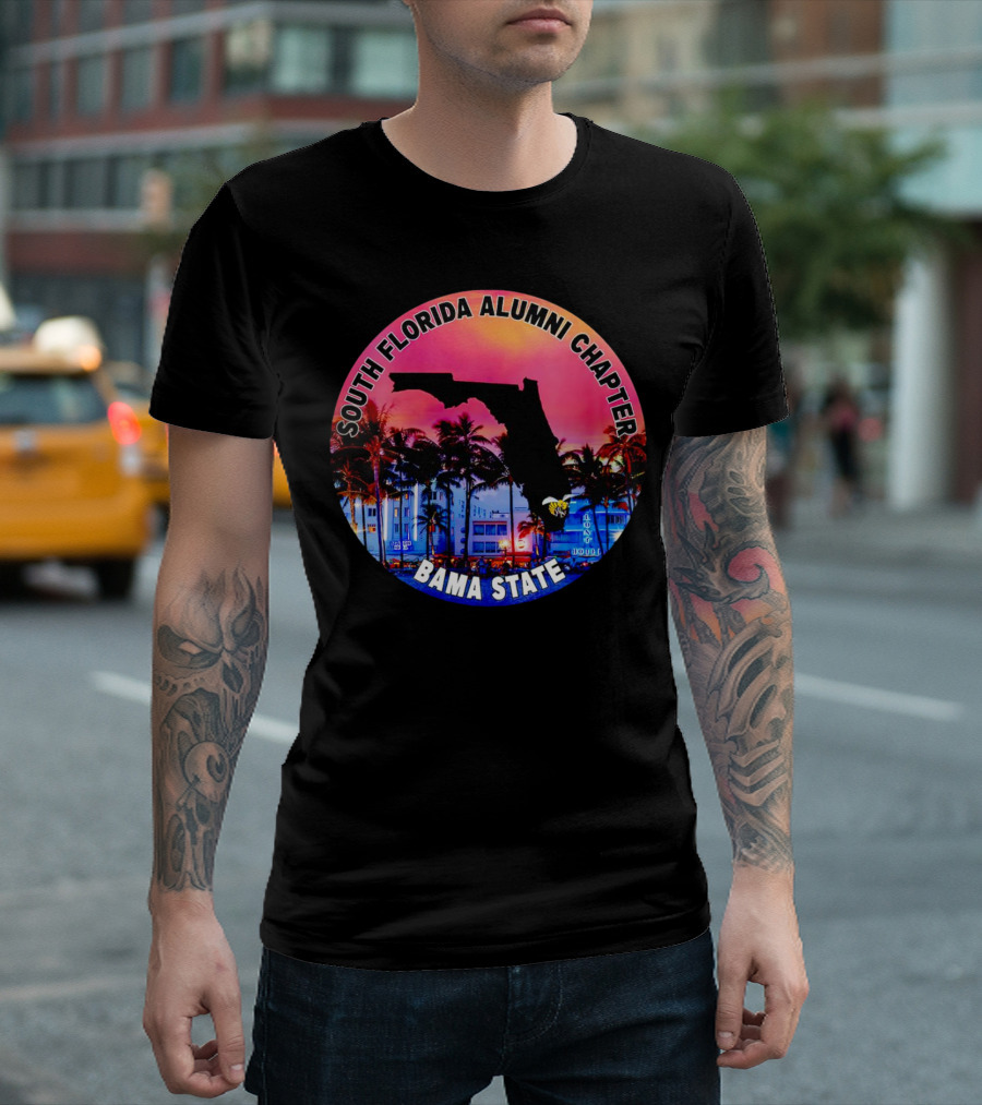 South Florida Alumni Chapter Bama State Florida Map And Palm Trees T-Shirt