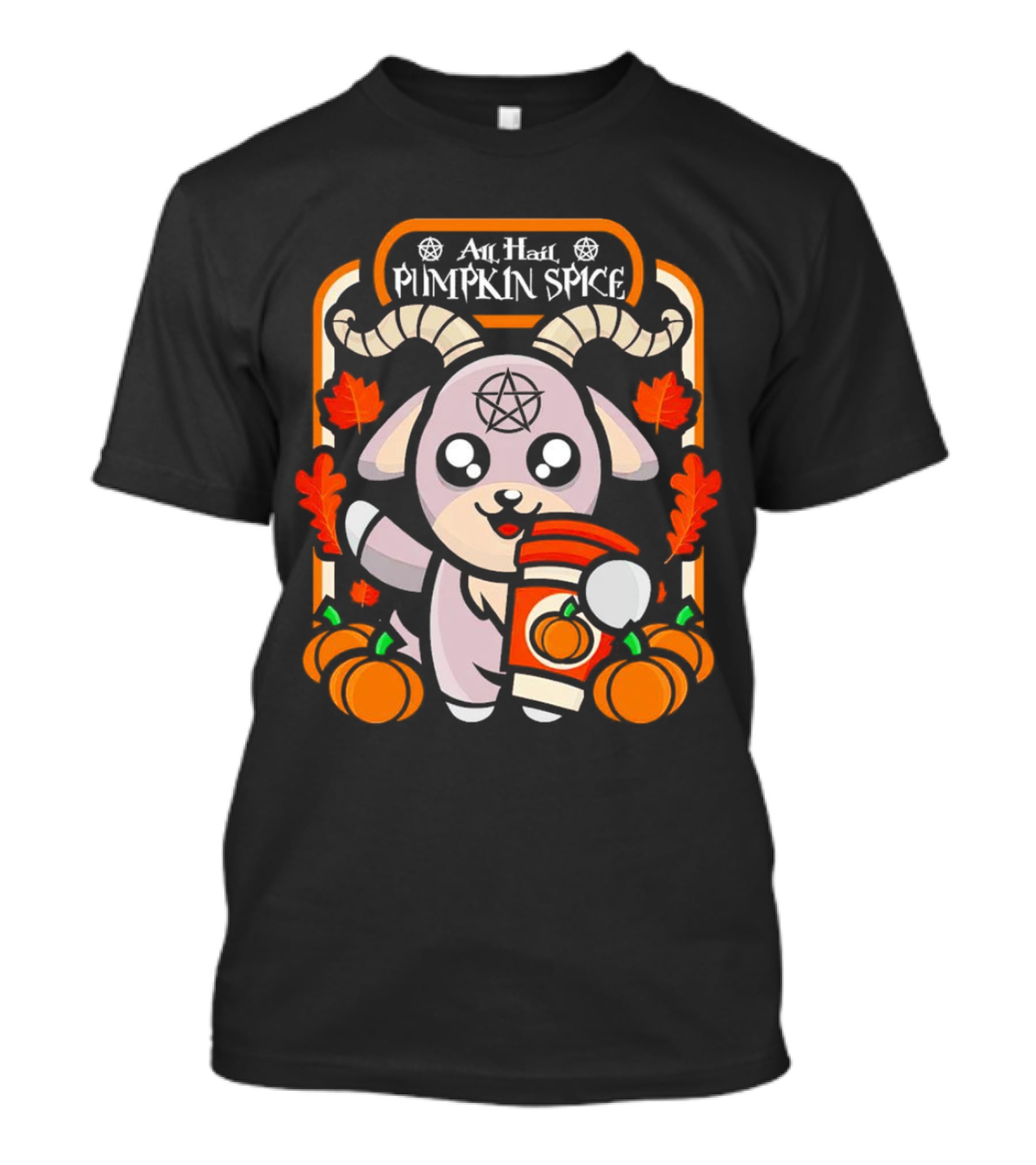 All Hail Pumpkin Spice Halloween Goat With Coffee, Pumpkins, And Pentagram T-Shirt