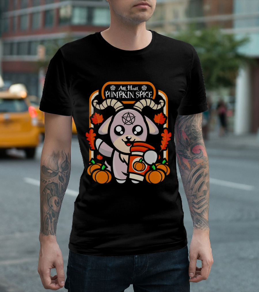 All Hail Pumpkin Spice Halloween Goat with Coffee, Pumpkins, and Pentagram T-Shirt