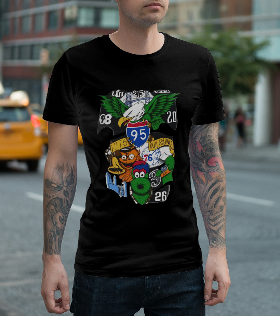 Philadelphia 76ers Eagles 76ers Mascots 1776 I-95 LIII 93 20 3 26 T-Shirt