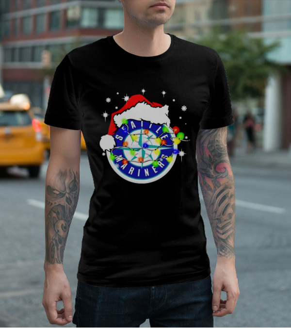 Santa Hat Seattle Mariners Christmas Lights Snowflakes T-Shirt