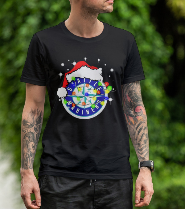 Santa Hat Seattle Mariners Christmas Lights Snowflakes T-Shirt