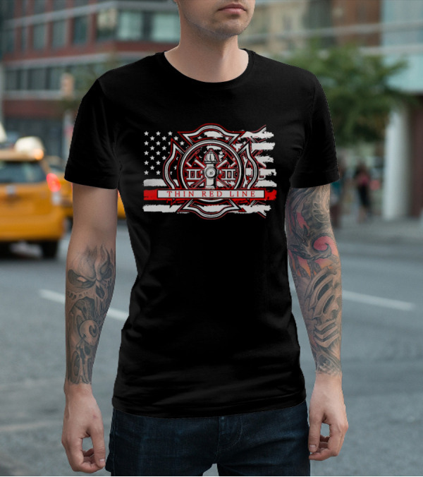 Thin Red Line USA Flag Firefighter Maltese Cross Hydrant T-Shirt