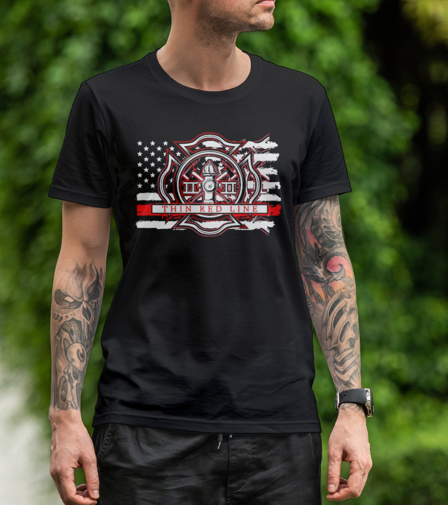 Thin Red Line USA Flag Firefighter Maltese Cross Hydrant T-Shirt