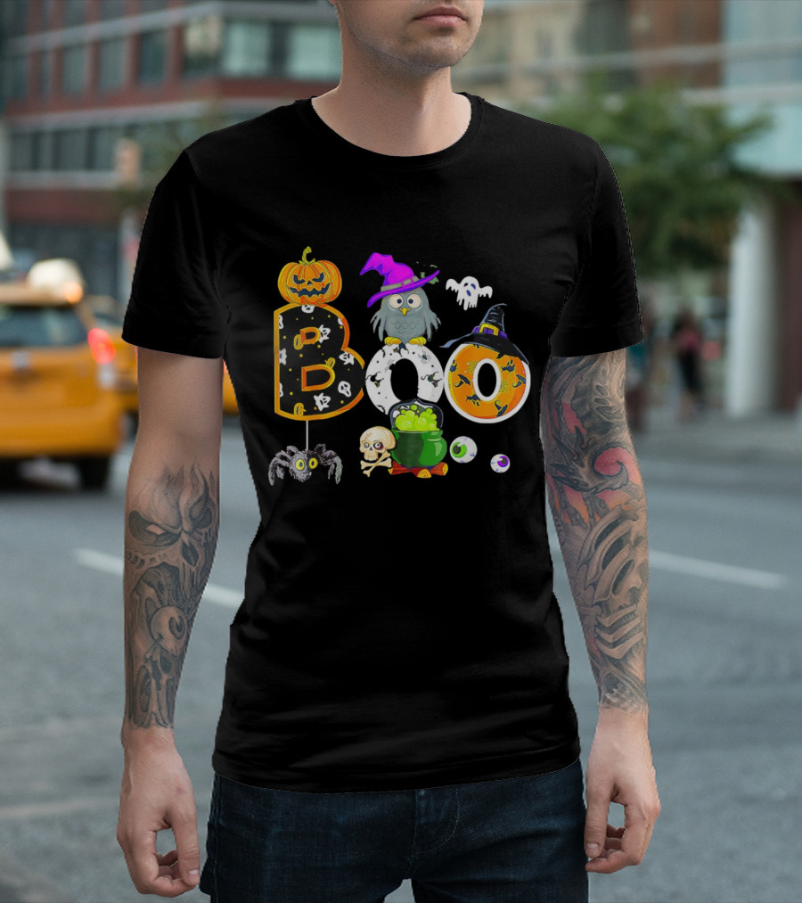 Boo Pumpkin Ghost Skull Owl Spider Witch Hat Cauldron Halloween T-Shirt