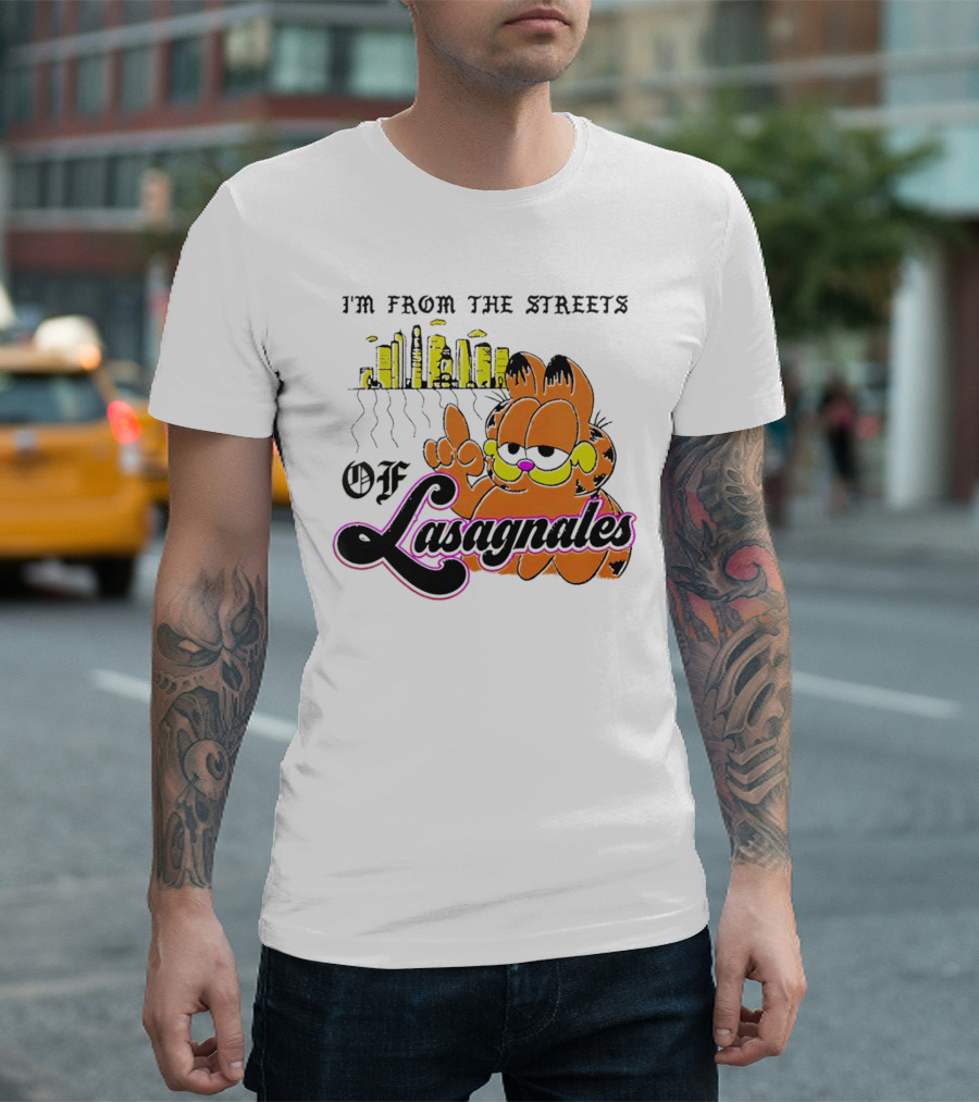 Garfield I'm from the Streets of Lasagnales with City Skyline and Finger Pointing T-Shirt