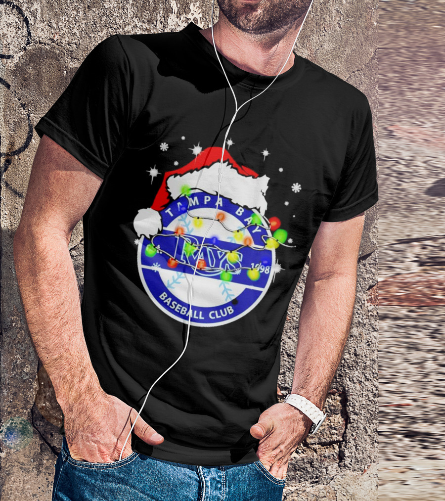 Tampa Bay Rays Baseball Club Santa Hat Christmas Lights T-Shirt