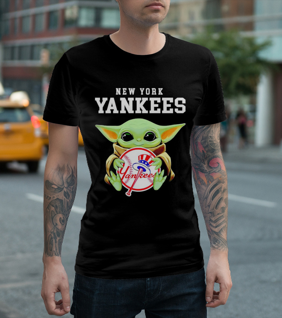 New York Yankees Baby Yoda Holding Team Baseball Emblem T-Shirt