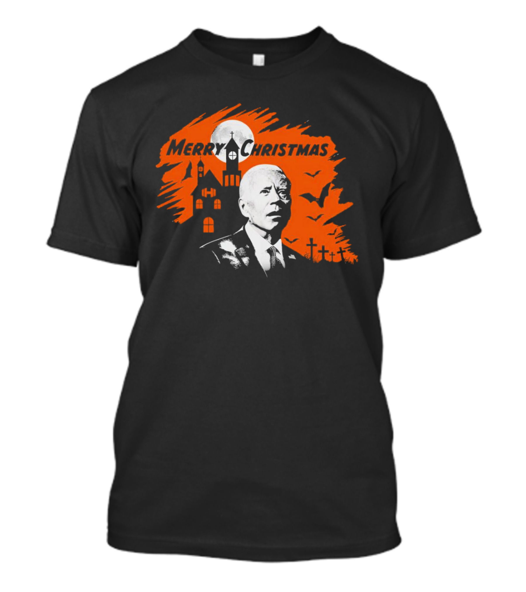 Biden Merry Christmas Halloween Haunted Church Graveyard Bats Orange Moon T-Shirt