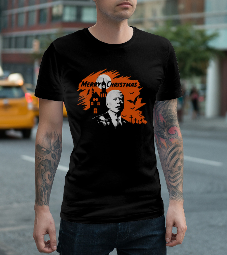 Biden Merry Christmas Halloween Haunted Church Graveyard Bats Orange Moon T-Shirt