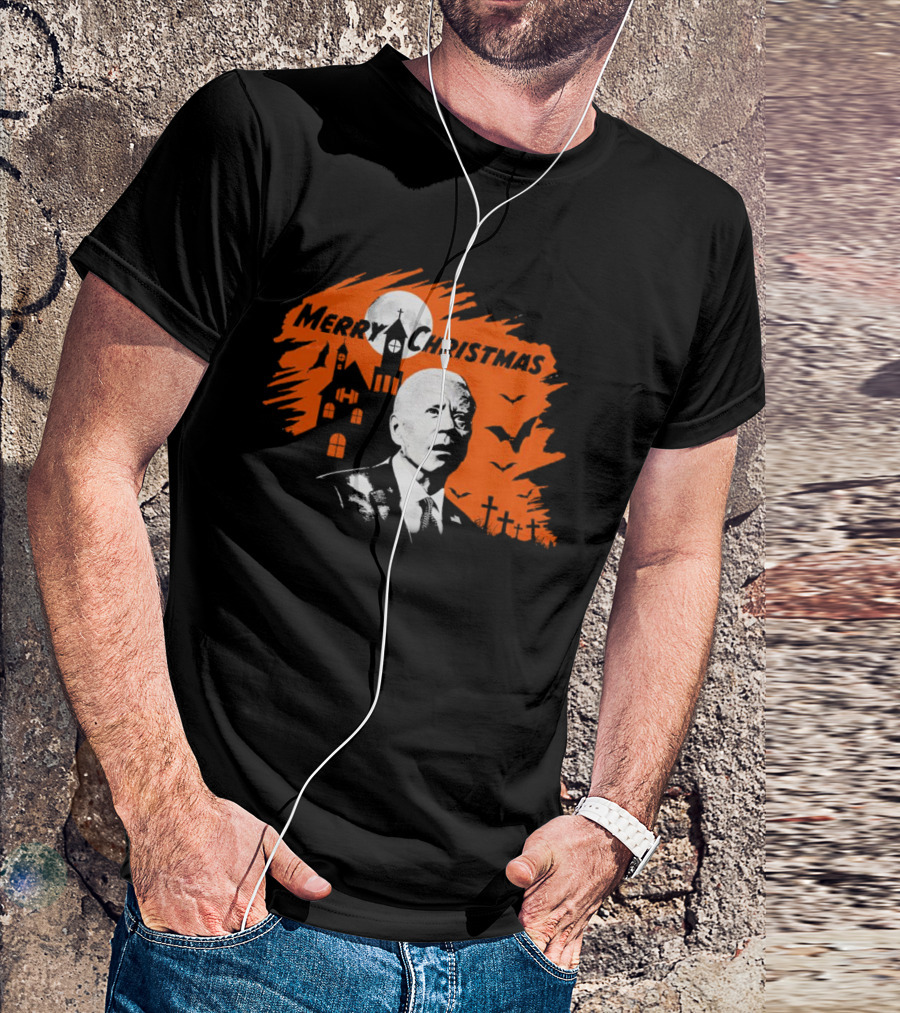 Biden Merry Christmas Halloween Haunted Church Graveyard Bats Orange Moon T-Shirt